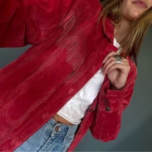 Chico’s western Vermillion Suede Fringed Jacket coral pink sz 3
